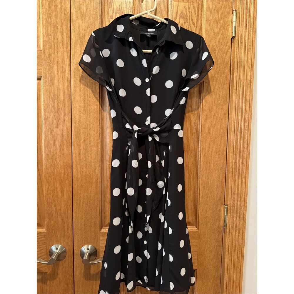 Tie Belt Shirt Dress Black White Polka Dot Sz 8P Fully Lined Chiffon Overlay